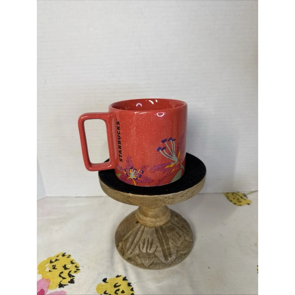 Starbucks Coffee Mug 2022 Salmon Pink/Red Stargazer Lily Speckled 12oz Cup